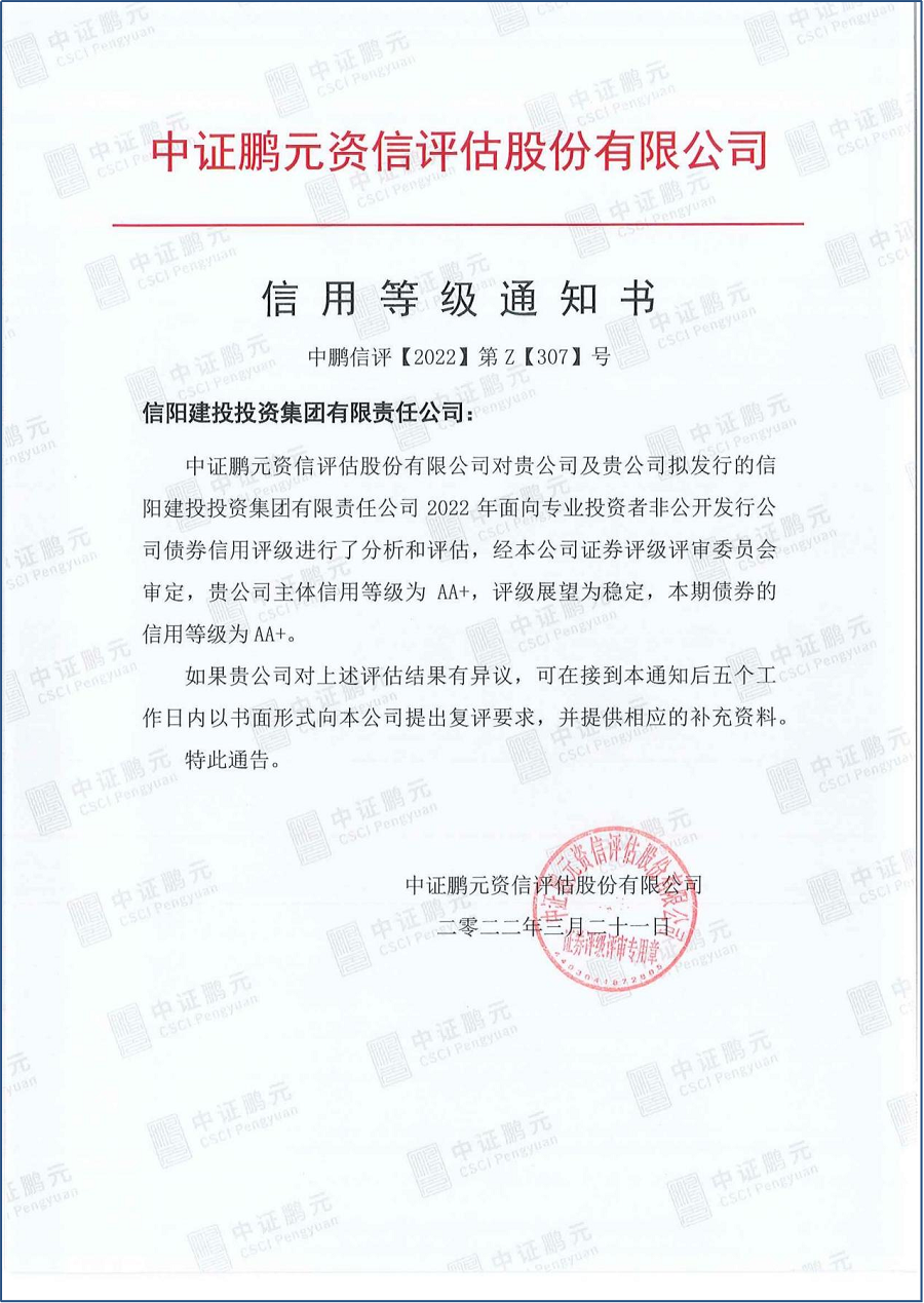 喜報！信陽建投投資集團獲得AA+主體 信用評級