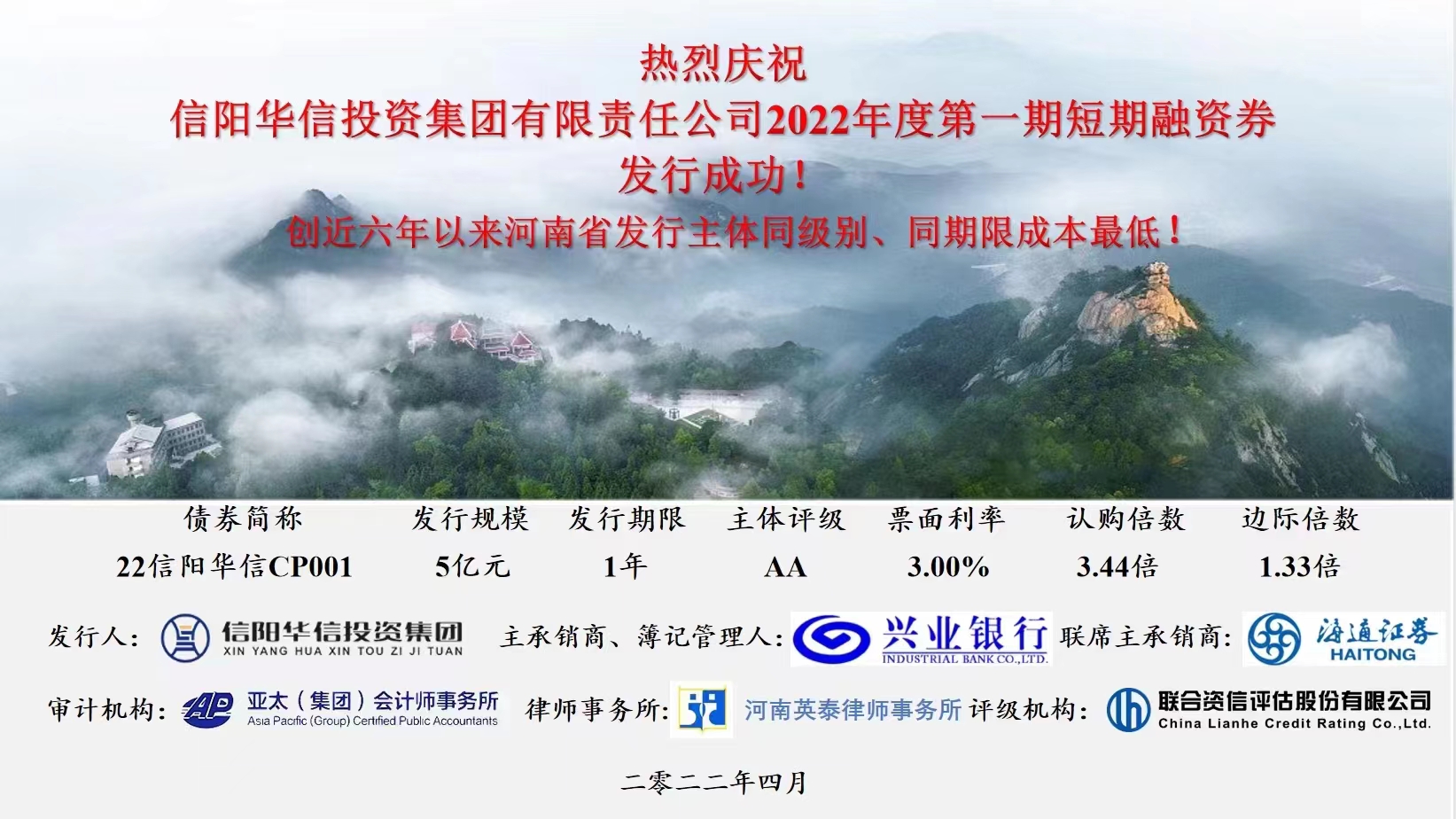 熱烈慶祝信陽華信投資集團有限責(zé)任公司2022年度第一期短期融資券發(fā)行成功